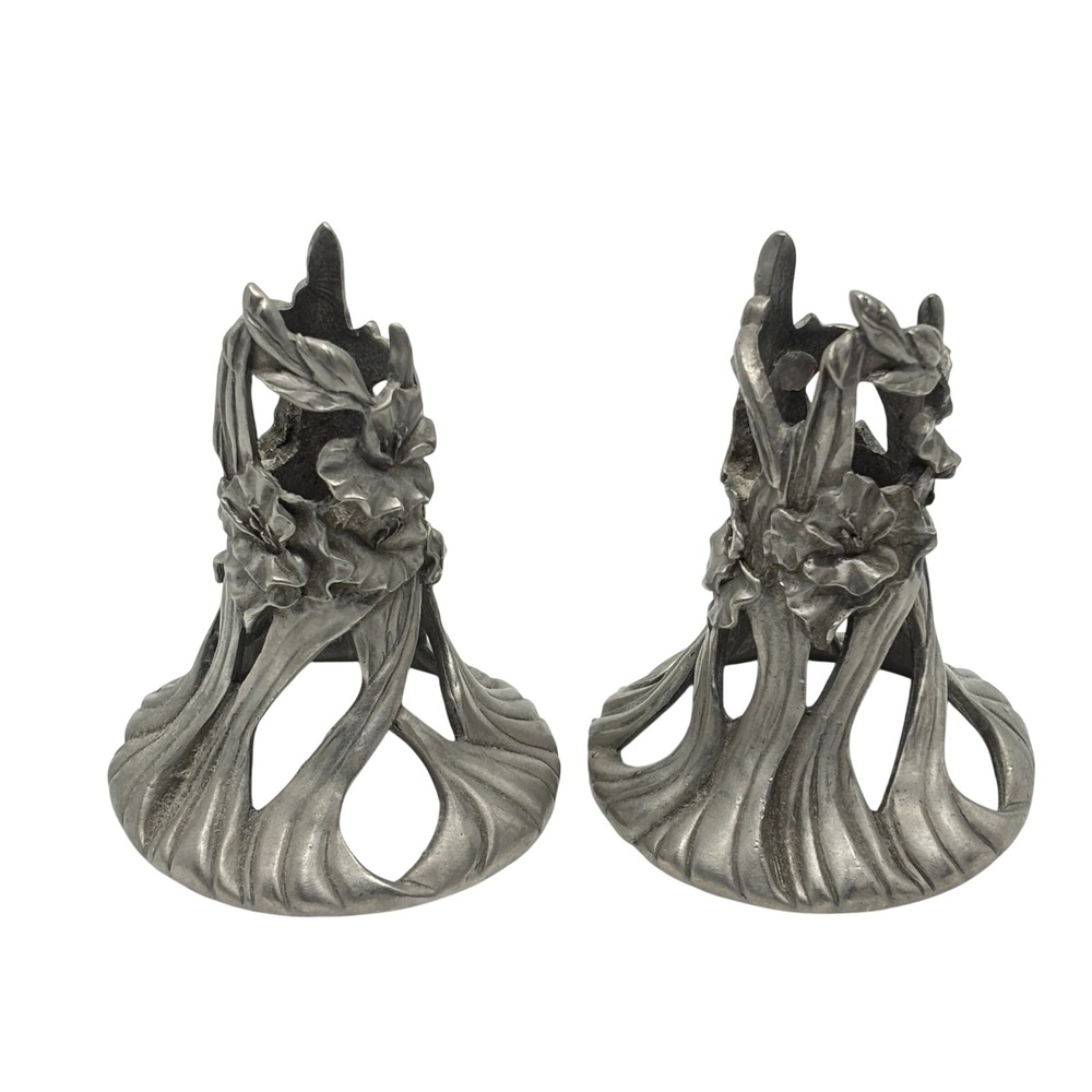 Vintage Seagull‎ Canada Pewter Floral Art Nouveau Candle Holders Set of 2 1991
